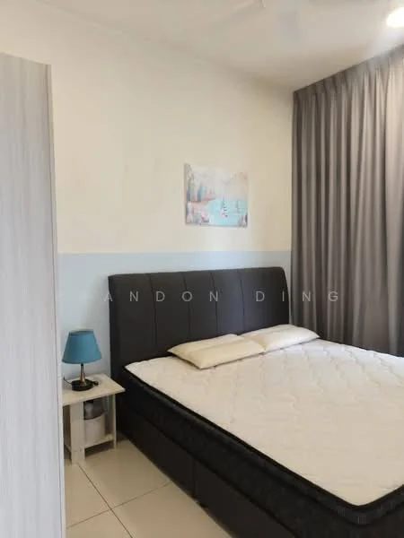 Bedroom features: queen-size bed, upholstered headboard, white bedding, nightstand with lamp, blue table lamp, floor-to-ceiling curtains, light grey walls, tile flooring, decorative artwork on wall; style: modern.