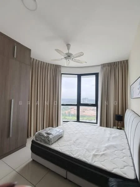 Bedroom features: king-size bed, upholstered headboard, floor-to-ceiling windows, curtains, ceiling fan, built-in wardrobe, tile flooring, decorative wall art; style: modern; view: city.