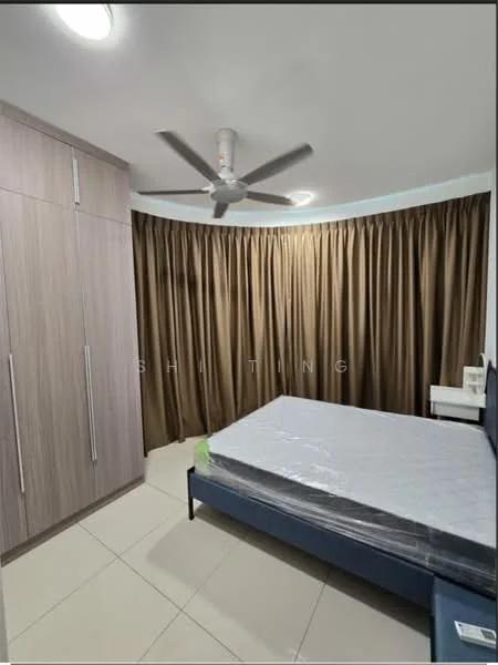 Bedroom features: queen-size bed, upholstered bed frame, built-in wardrobe with wood finish, curtains in brown, ceiling fan with light, tile flooring, neutral wall colour, nightstand, mattress on bed; style: modern.