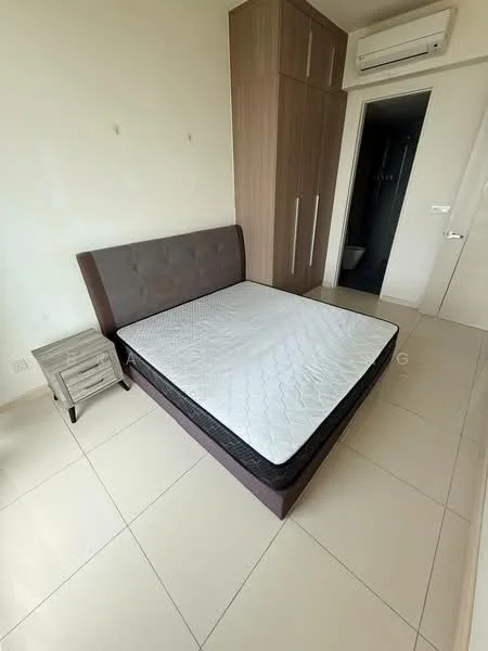 Bedroom features: queen-size bed, upholstered headboard, nightstand with drawer, built-in wardrobe with wood finish, wall-mounted air conditioning unit, tile flooring, neutral wall color, window with natural light; style: modern.