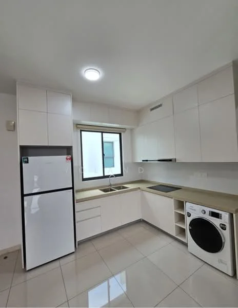Kitchen features: white cabinetry, light wood countertop, stainless-steel single-bowl sink, chrome pull-down faucet, built-in electric cooktop, built-in oven, white refrigerator, front-load washing machine, ceramic tile flooring, recessed ceiling lights, window with white frame, open shelving; style: modern.