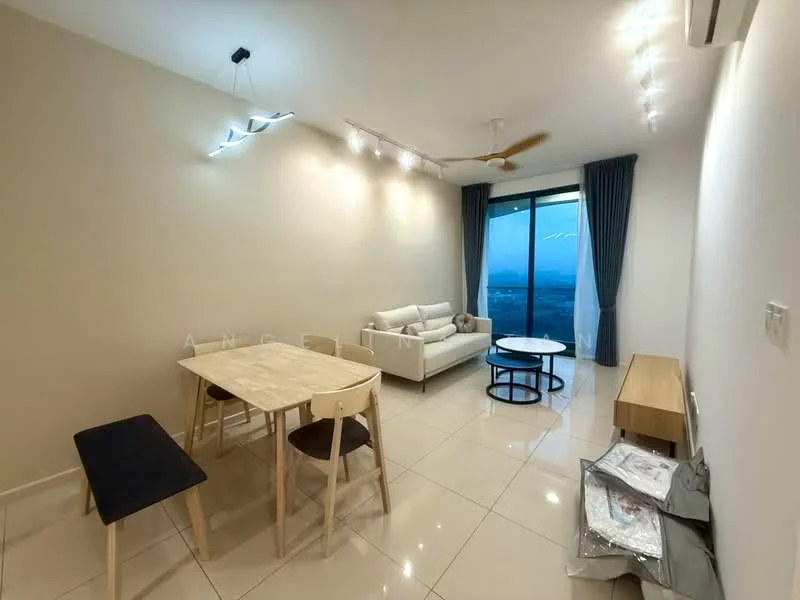 Living features: white painted walls, glossy tile flooring, 5-blade ceiling fan with light, sofa in light fabric, round coffee table, dining table with 4 chairs, wooden sideboard, floor-to-ceiling windows with curtains, LED ceiling lights; style: modern; view: city.