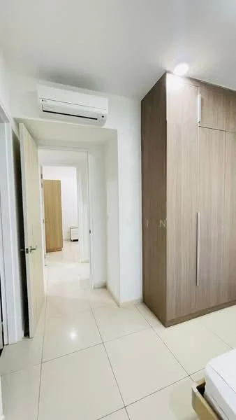 Room features: wall-mounted split AC, light-colored walls, glossy tile flooring, built-in wardrobe with wood finish, white doors, neutral color scheme, recessed lighting, doorway leading to another room; style: modern.