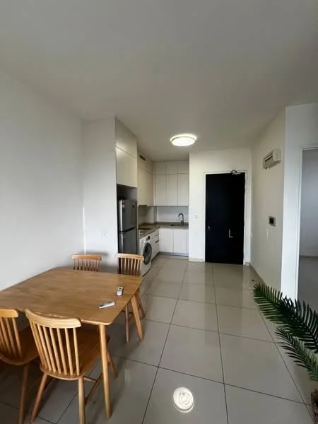Kitchen features: white cabinets, stainless-steel appliances, built-in oven, freestanding washing machine, double-bowl stainless-steel sink, chrome pull-down faucet, grey tiled backsplash, white tiled flooring, recessed ceiling lights, wall-mounted split AC, dining table with four wooden chairs; style: modern.