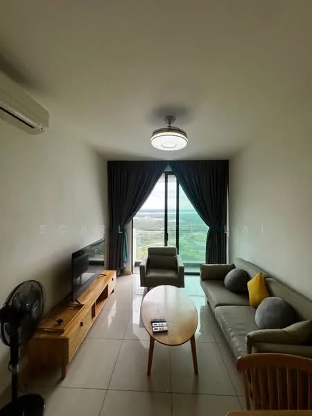 Living features: floor-to-ceiling windows, grey curtains, white painted walls, polished tile flooring, ceiling light fixture, 3-seater fabric sofa in light grey, coffee table, TV console in wood, wall-mounted TV, decorative cushions in yellow, fan, armchair in light grey; style: modern; view: city.