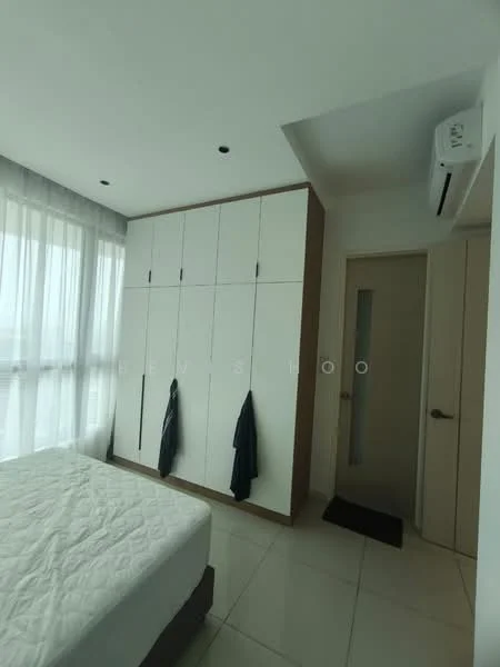 Bedroom features: queen-size bed, white quilted mattress, built-in wardrobe with white doors, wood accents on wardrobe, floor-to-ceiling windows with sheer curtains, recessed ceiling lights, wall-mounted air conditioning unit, neutral tile flooring, door with glass panel, black doormat; style: modern; view: city.