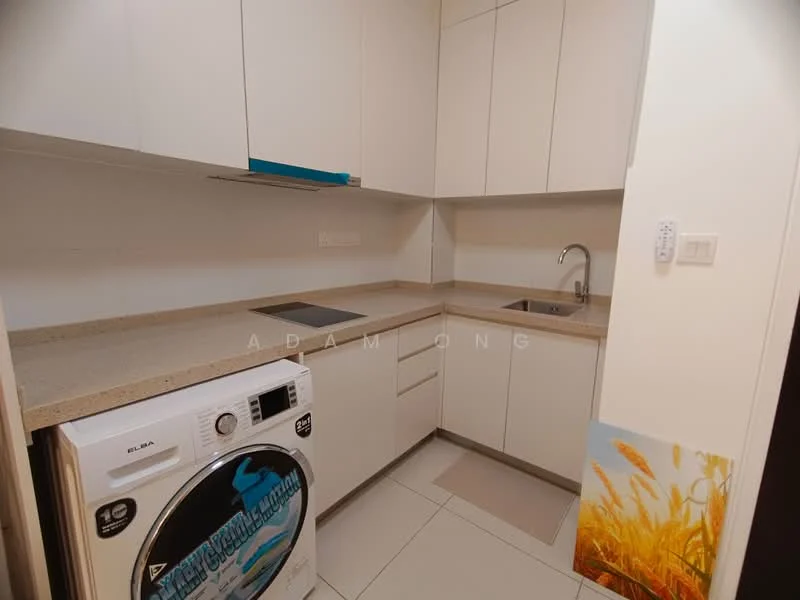 Laundry features: white cabinetry, light beige countertop, single-bowl stainless-steel sink, chrome pull-down faucet, built-in washing machine, tile flooring, white walls, recessed downlights; style: modern.