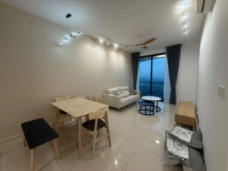 Living features: white painted walls, glossy tile flooring, 5-blade ceiling fan with light, recessed LED downlights, sofa in light grey fabric, round coffee table in black, 6-seater dining table in light wood, bench seating with dark cushion, TV console in light wood, floor-to-ceiling windows with city view, curtains in dark grey fabric; style: modern; view: city.