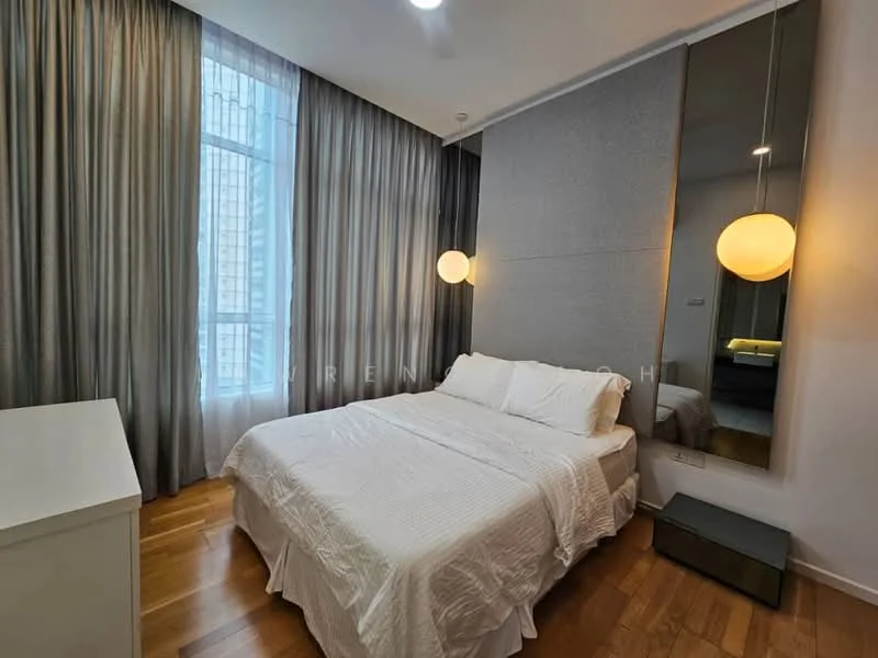 Bedroom features: queen-size bed with white bedding, wooden flooring, floor-to-ceiling window with sheer curtains, grey accent wall, two pendant lights, mirrored wall panel, nightstand with lamp, built-in wardrobe; style: modern; view: city.