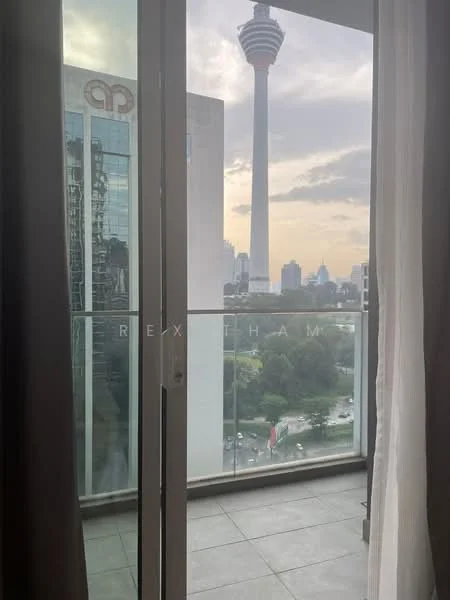 Room features: floor-to-ceiling sliding glass door, grey tiled flooring, curtains, view of city skyline, view of KL Tower; style: modern; view: city.