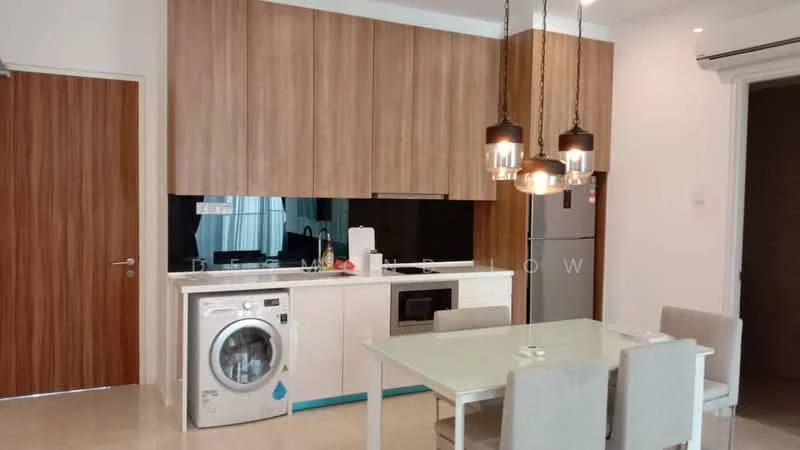 Kitchen features: white cabinetry with wood accents, built-in oven, stainless-steel fridge, front-load washing machine, white countertop, black backsplash, 4-seater dining table, pendant lighting, recessed downlights, cream tile flooring, wall-mounted air conditioning unit; style: modern.