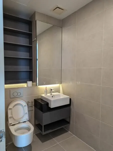 Bathroom features: grey tiled walls, grey tiled flooring, single-sink vanity with black cabinet, chrome basin mixer faucet, framed mirror, one-piece toilet, open shelving unit, backlit mirror; style: modern.