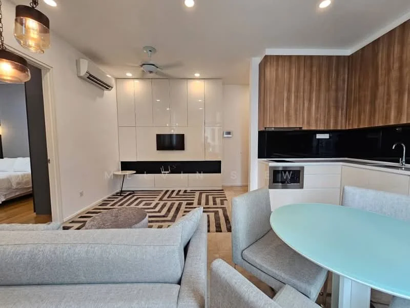 Living features: grey fabric sofa, round coffee table, area rug with geometric pattern, wall-mounted TV, built-in cabinetry with white finish, wood paneling on feature wall, recessed downlights, 5-blade ceiling fan, split air conditioning unit; style: modern. Kitchen features: white cabinetry, black countertop, stainless-steel sink, chrome pull-down faucet, built-in oven, induction hob, refrigerator; style: modern. Dining features: round dining table, upholstered dining chairs; style: modern.