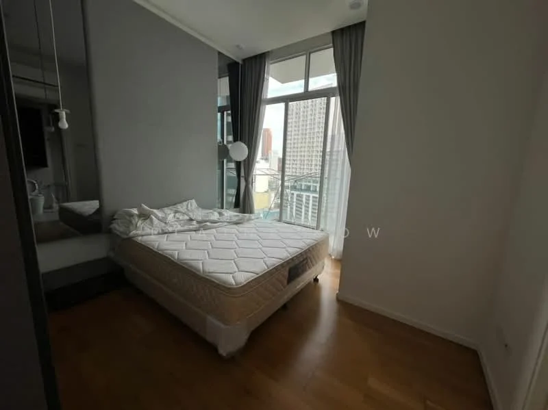 Bedroom features: queen-size bed, wooden flooring, floor-to-ceiling windows, grey accent wall, sheer curtains, city view, built-in wardrobe, recessed downlights; style: modern; view: city.