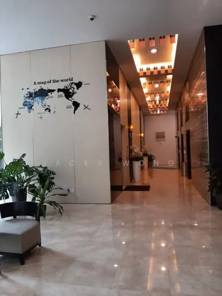 Room features: marble flooring, recessed downlights, wall-mounted artwork, potted plants, feature wall with world map, elevators visible, decorative ceiling with lights, neutral wall color; style: modern; view: lobby.