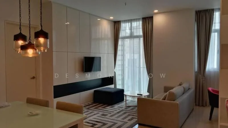 Living features: light grey fabric sofa, black ottoman, glass coffee table, wall-mounted TV, white painted walls, large floor-to-ceiling windows, sheer curtains, recessed downlights, pendant lighting with multiple bulbs, geometric area rug; style: modern.