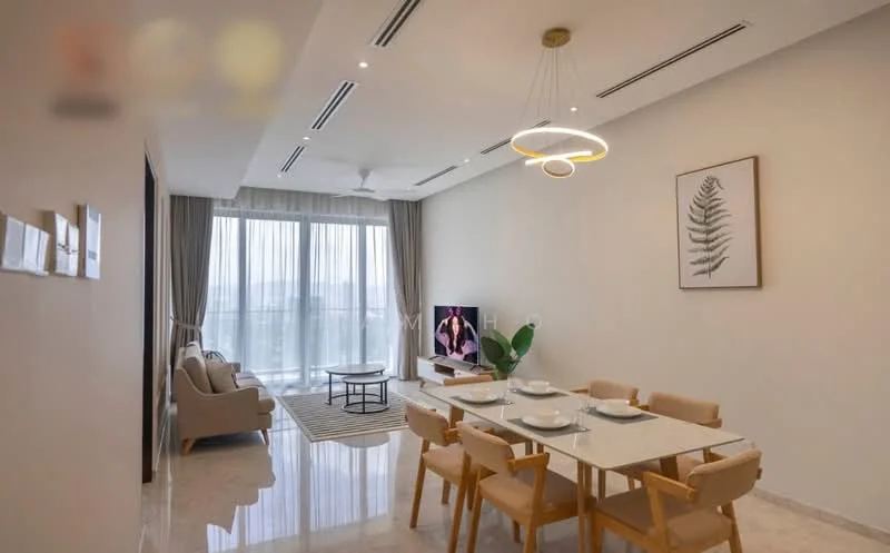 Living features: cream painted walls, marble tile flooring, 5-blade ceiling fan with light, recessed LED downlights, floor-to-ceiling windows, sheer curtains, light grey fabric sofa, coffee table, TV console, wall-mounted TV, area rug with geometric pattern, dining table with 6 chairs, decorative plant; style: modern; view: city.