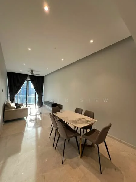 Dining features: marble dining table, 6 upholstered dining chairs, grey painted walls, recessed downlights, floor-to-ceiling windows, sliding glass door, curtains, polished stone flooring, sofa in beige, ceiling fan; style: modern; view: city.