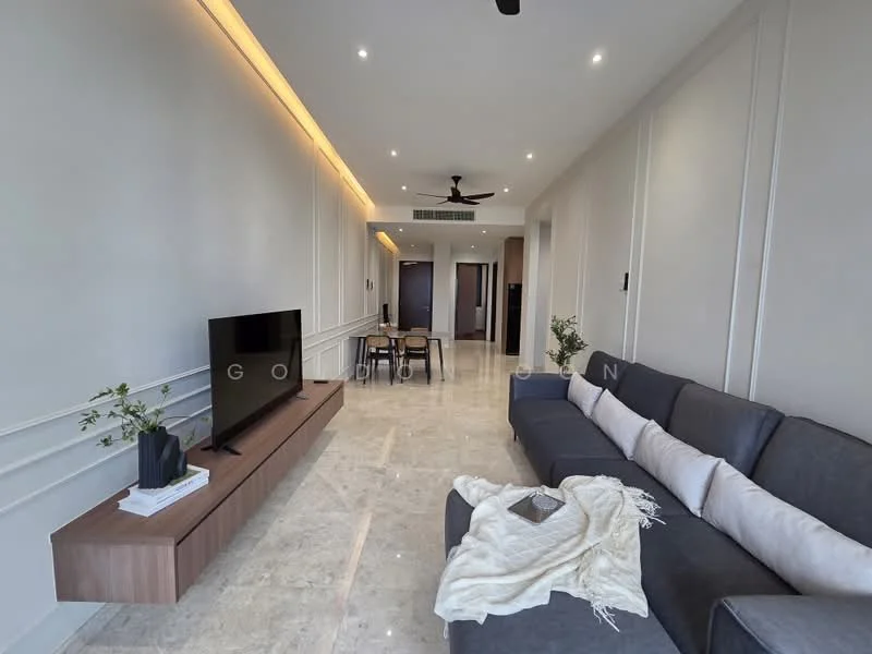 Living features: grey fabric sectional sofa, wooden TV console, wall-mounted TV, marble flooring, recessed downlights, 5-blade ceiling fan, decorative wall paneling, neutral painted walls, area rug, dining table with chairs in background; style: modern.
