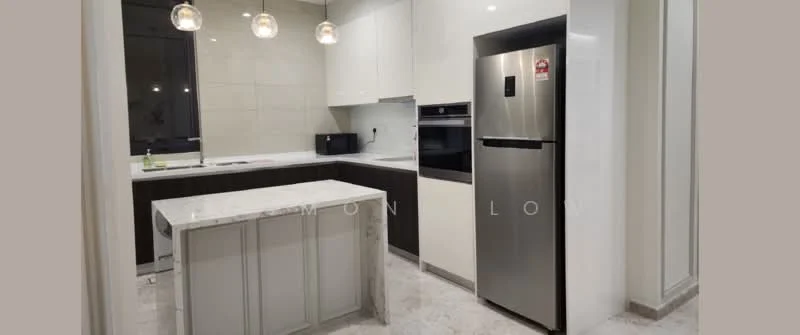 Kitchen features: white shaker cabinets, marble countertop, stainless-steel fridge, built-in oven, freestanding range oven, pendant lights, ceramic tile flooring, white tiled backsplash, single-bowl stainless-steel sink, chrome pull-down faucet, island with seating, recessed downlights; style: modern.