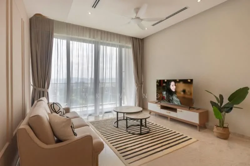 Living features: 3-seater fabric sofa in beige, coffee table with round top, TV console in white with wooden legs, wall-mounted TV, area rug with striped pattern, floor-to-ceiling windows with sheer curtains, ceiling fan with light, decorative plant in ceramic pot, marble flooring, neutral painted walls; style: modern; view: city.