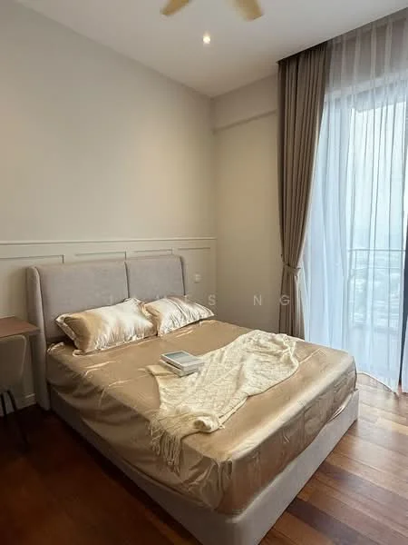 Bedroom features: king-size bed with upholstered headboard, silk bedding in gold, decorative throw blanket, wooden flooring, floor-to-ceiling windows, sheer curtains, wall-mounted ceiling fan, side table, decorative book on bed; style: modern; view: city.
