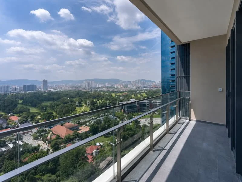 Room features: glass railing, grey tiled flooring, city skyline view, mountain view, outdoor space, balcony, sunny weather, open space; style: modern; view: city.