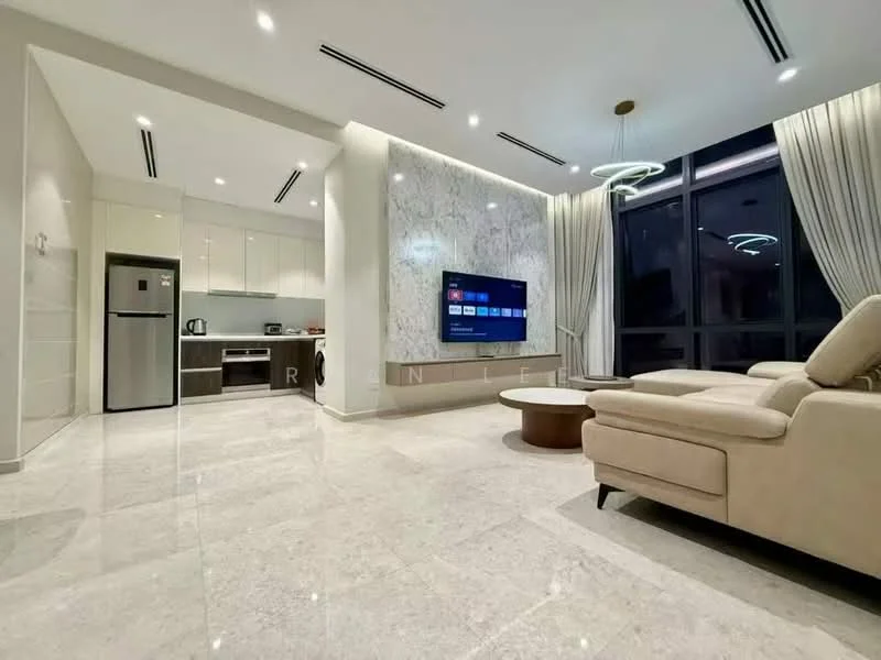 Living features: cream marble flooring, white painted walls, feature wall with marble cladding, floor-to-ceiling windows, sheer curtains, 3-blade ceiling fan with light, recessed LED downlights, wall-mounted TV, light brown coffee table, beige sectional sofa, kitchen area visible in background, stainless-steel fridge, built-in kitchen cabinetry; style: modern.