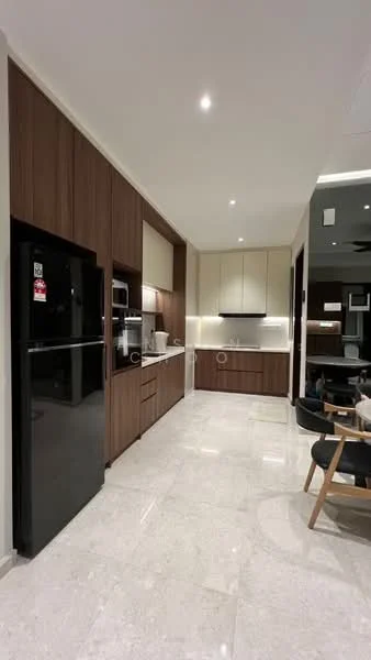 Kitchen features: black refrigerator, built-in oven, white cabinetry, brown wood cabinetry, marble tile flooring, recessed LED downlights, countertop with backsplash, kitchen island, sink, chrome faucet; style: modern.