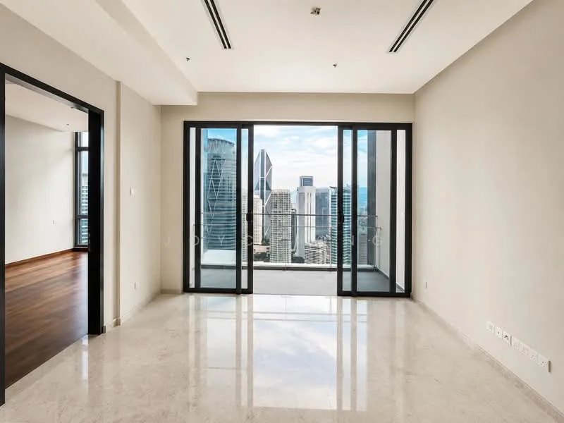 Living features: marble flooring, floor-to-ceiling windows, sliding glass door, balcony access, neutral painted walls, recessed downlights, city skyline view; style: modern; view: city.