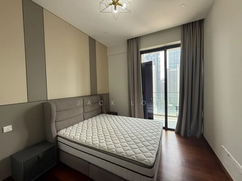 Bedroom features: queen-size bed, upholstered headboard, grey accent wall, white painted walls, wood flooring, floor-to-ceiling windows, curtains, chandelier; style: modern; view: city.