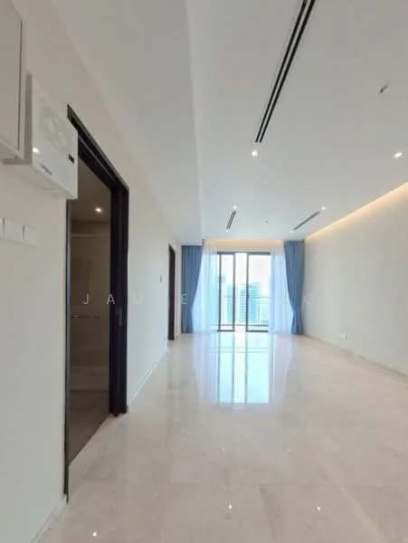 Room features: marble flooring, white painted walls, recessed downlights, floor-to-ceiling windows, curtains, wall-mounted split AC, neutral color palette, open layout; style: modern; view: city.