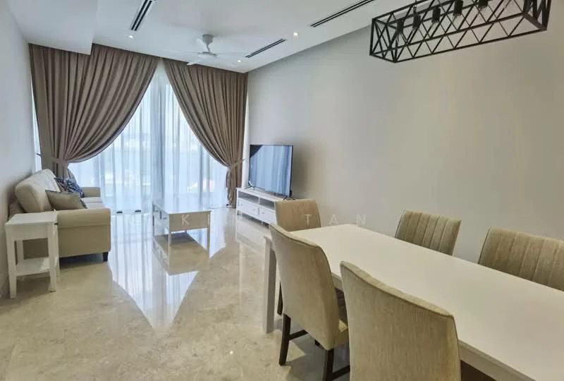 Living features: cream painted walls, marble flooring, 5-blade ceiling fan with light, floor-to-ceiling windows, sheer curtains, sofa in light beige, coffee table, TV console, wall-mounted TV, dining table with 6 upholstered chairs; style: modern.