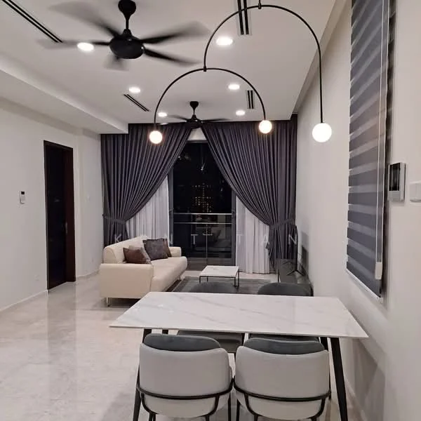 Living features: 3-seater fabric sofa in cream, marble dining table, 2 upholstered dining chairs, ceiling fan with 3 blades, recessed downlights, floor-to-ceiling windows, sheer curtains, dark grey curtains, light-coloured walls, polished marble flooring, TV console, decorative wall art; style: modern; view: city.
