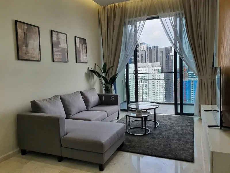 Living features: L-shape sectional sofa in grey, coffee table, area rug, floor-to-ceiling windows, sheer curtains, city view, wall-mounted TV, decorative wall art; style: modern; view: city.