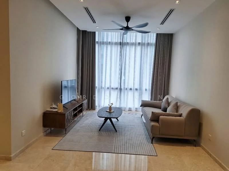 Living features: 3-seater fabric sofa in light grey, coffee table, TV console, wall-mounted TV, area rug with striped pattern, floor-to-ceiling windows, sheer curtains, recessed downlights, 5-blade ceiling fan with light, cream painted walls, marble tile flooring; style: modern.