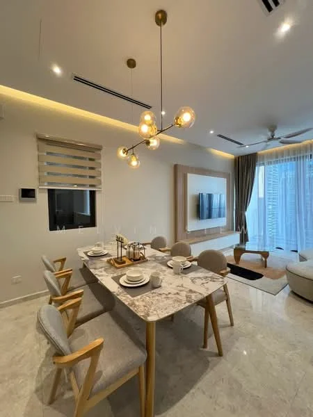 Dining features: marble dining table, 6 upholstered dining chairs with wooden legs, modern chandelier with multiple bulbs, recessed ceiling lights, floor-to-ceiling windows, sheer curtains, light-colored walls, polished marble flooring, TV mounted on wall, decorative wall panel behind TV, open layout to living area; style: modern; view: city.