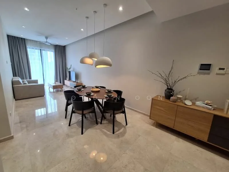 Dining features: 6-seater dining table, black dining chairs, pendant lighting with three globes, marble flooring, decorative vase with branches, sideboard with wood finish, wall-mounted control panel, floor-to-ceiling windows with sheer curtains; style: modern; view: garden. Living features: fabric sofa in light color, TV console, decorative items on console, area rug, ceiling fan, curtains, wall-mounted TV; style: modern; view: garden.