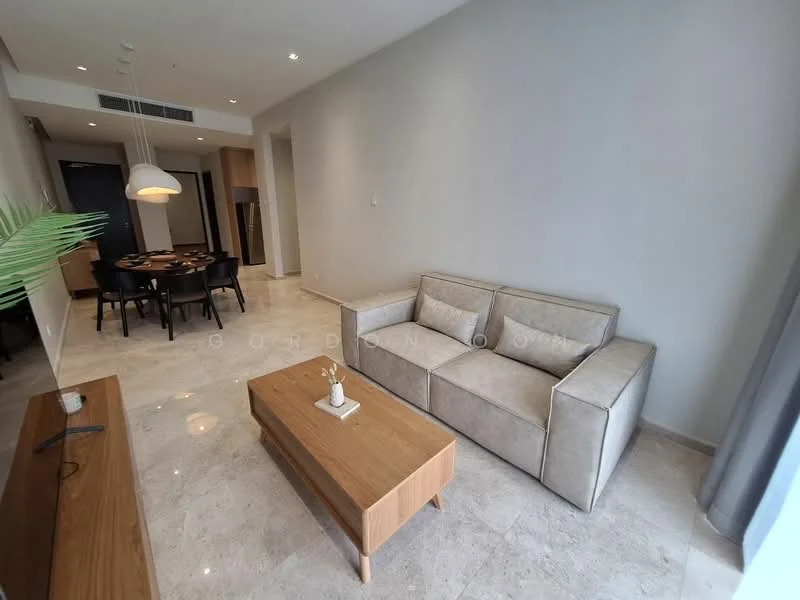 Living features: 3-seater fabric sofa in light beige, wooden coffee table, marble tile flooring, white painted walls, recessed downlights, floor-to-ceiling windows with sheer curtains, TV console, decorative plant, dining table in background, open layout; style: modern.