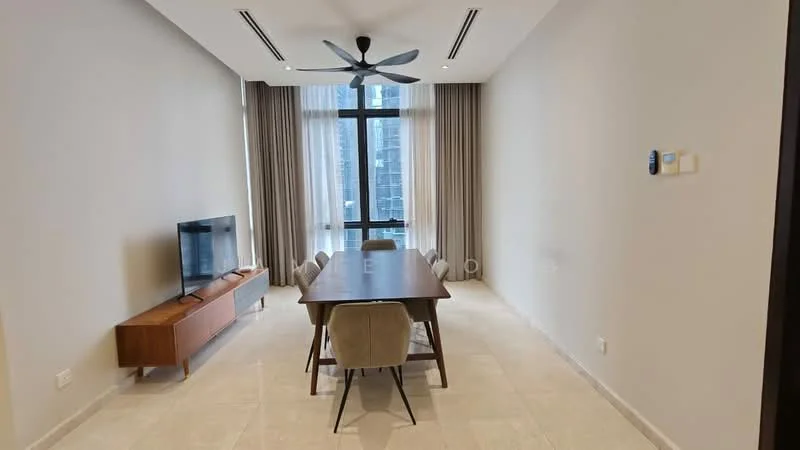 Dining features: rectangular wooden dining table, upholstered dining chairs, wall-mounted TV, wooden TV console, 5-blade ceiling fan with light, floor-to-ceiling windows, sheer curtains, light-colored tiled flooring, neutral painted walls, recessed ceiling lights; style: modern; view: city.