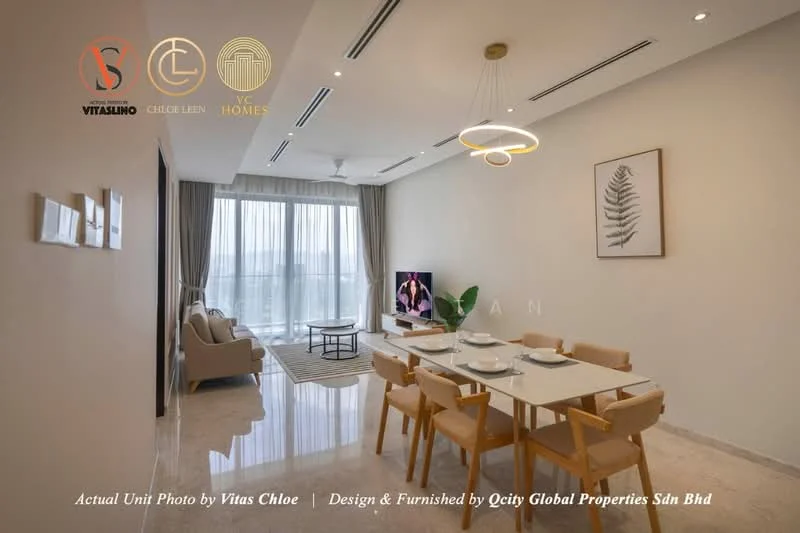 Living features: marble tile flooring, white painted walls, recessed downlights, 5-blade ceiling fan, large floor-to-ceiling windows, sliding glass door, TV console, wall-mounted TV, sofa in beige fabric, wooden dining table with chairs, decorative wall art, area rug with geometric pattern, curtains, coffee table; style: modern; view: city.