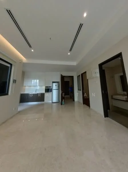 Living features: marble flooring, white painted walls, recessed downlights, floor-to-ceiling windows, open layout, kitchen area with cabinetry, stainless-steel fridge, doorway leading to other rooms; style: modern. Room features: white painted walls, doorway, unknown flooring.
