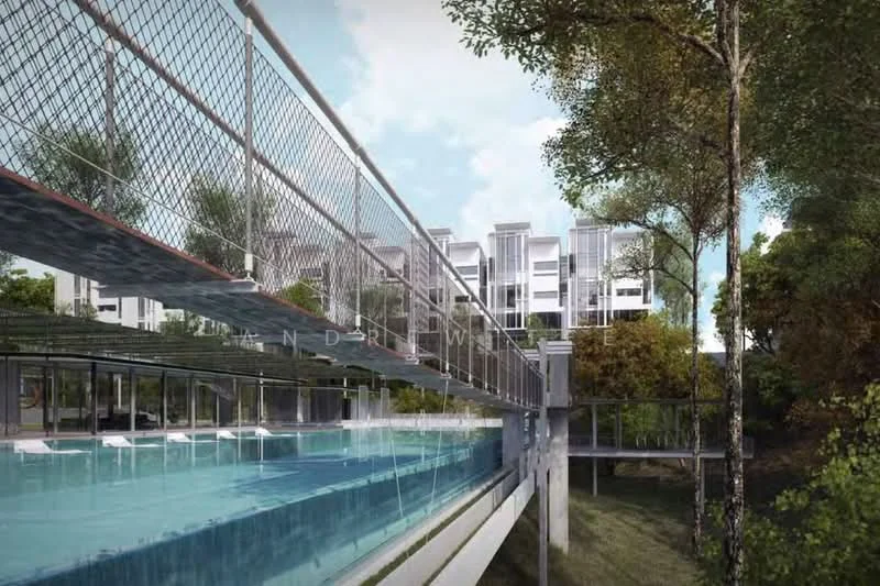 Exterior type: high-rise condominium; features: infinity pool, pool deck with loungers, suspended walkway, landscaped greenery, modern architectural design, glass facade, surrounded by trees; style: modern.