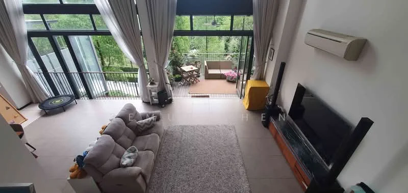 Living features: large floor-to-ceiling windows, sliding glass door, grey fabric 3-seater sofa, area rug with geometric pattern, wall-mounted TV, wooden TV console, air conditioning unit, light-colored tiled flooring, decorative plants, recessed downlights, curtains, open layout, view of outdoor space; style: modern; view: garden. Balcony features: outdoor dining set, wooden flooring, greenery view, railings; view: garden.
