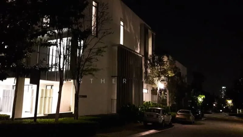 Exterior type: linked terrace house; features: white painted facade, vertical fins, landscaped garden with shrubs, street lighting, driveway with parked cars, mature trees, glass windows, two-storey structure; style: modern.