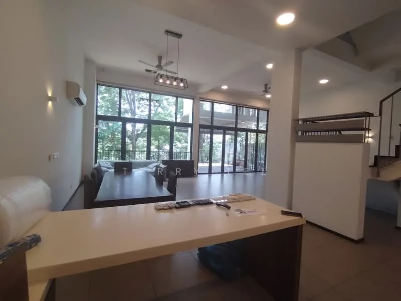 Living features: floor-to-ceiling windows, sliding glass door, 3-blade ceiling fan, recessed downlights, white painted walls, tile flooring, open layout, view of greenery, dining area adjacent, sofa, coffee table, TV console; style: modern; view: garden. Kitchen features: kitchen island, white cabinetry, stainless-steel sink, chrome pull-down faucet, built-in appliances, tile backsplash; style: modern.