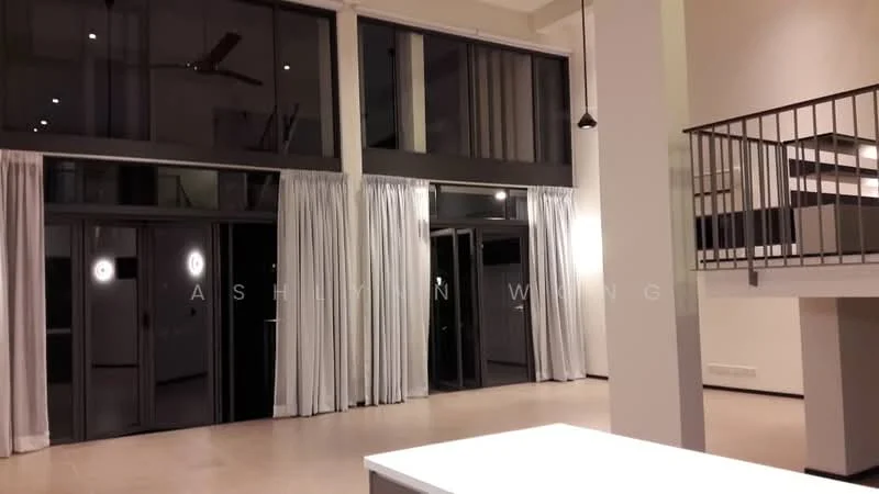Living features: floor-to-ceiling windows, sliding glass doors, sheer curtains, high ceiling, ceiling fan, recessed downlights, light-coloured walls, tile flooring, open layout, balcony access, metal railing, decorative wall, neutral colour palette; style: modern.