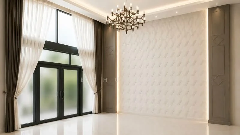 Room features: floor-to-ceiling windows, black sliding glass door, sheer curtains, chandelier, recessed downlights, white painted walls, textured accent wall, polished tile flooring, crown moulding, wall-mounted lighting; style: modern; view: garden.