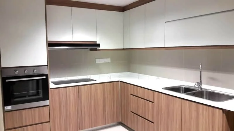 Kitchen features: white cabinetry with flat-panel design, wooden lower cabinets, marble countertop, double-bowl stainless-steel sink, chrome pull-down faucet, built-in oven, ceramic tile backsplash, recessed downlights, sliding drawer storage, integrated range hood, undermount sink, kitchen island, wall-mounted electrical outlets; style: modern.