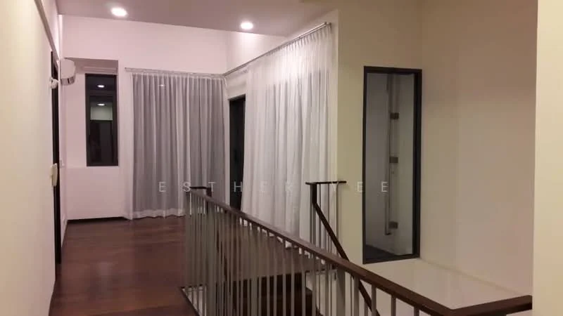 Room features: wood flooring, white painted walls, recessed downlights, curtains, staircase with metal railing, large windows, open space layout; style: modern.